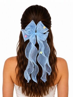 Blue tulle coquette style hair bow with flowers